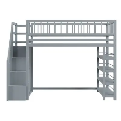 Postelja z mezzanine 90x200 cm - S policami in stopnicami za shranjevanje - Iz masivnega lesa - Siva