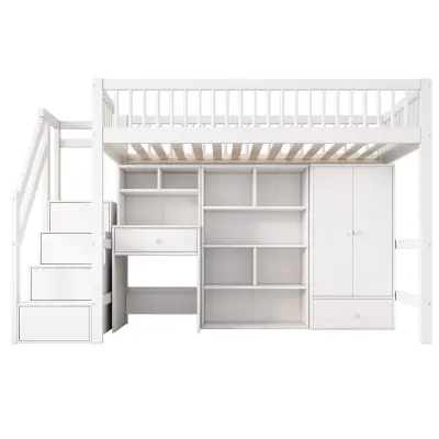 Postelja Mezzanine iz lesa in MDF - 90x200 cm - z stopnicami za shranjevanje, mizo in omaro - bela