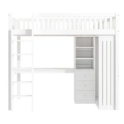 Postelja Mezzanine 90x200 cm iz lesa - z mizo in omaro - bela