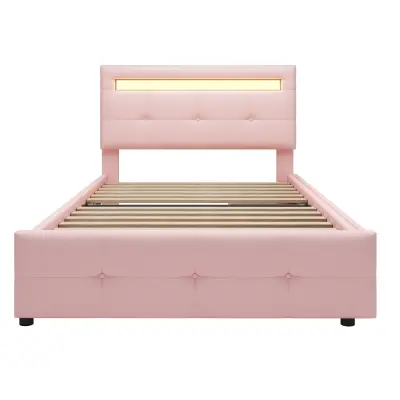 Enojna postelja 90x200 cm iz lanu z LED lučmi in 2 predaloma - roza