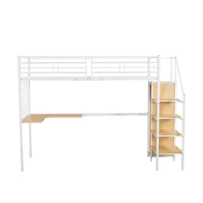 Postelja Mezzanine 90x200 cm z kotno mizo in omaro, jeklo in lesene plošče, bela in naravna