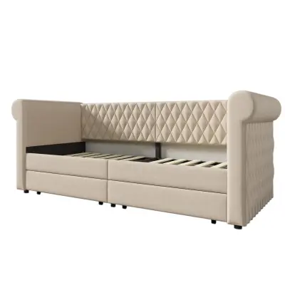 Postelja klop z 2 predaloma iz lanene tkanine - 90x200 cm - z letvenim dnom - bež