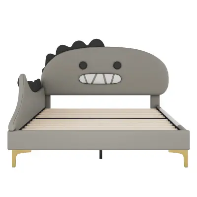 Otroška postelja 140x200 cm - Oblika dinosaura - Iz umetnega usnja - Siva