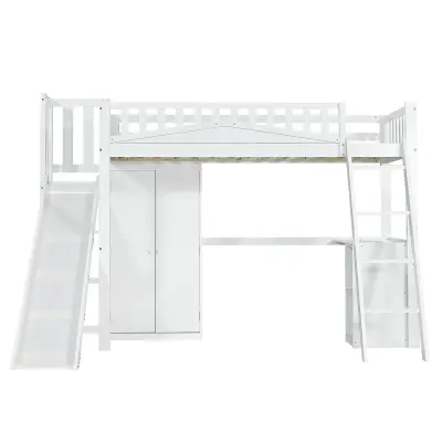 Postelja Mezzanine iz lesa 90x200 cm - z mizo + omaro + toboganom - bela