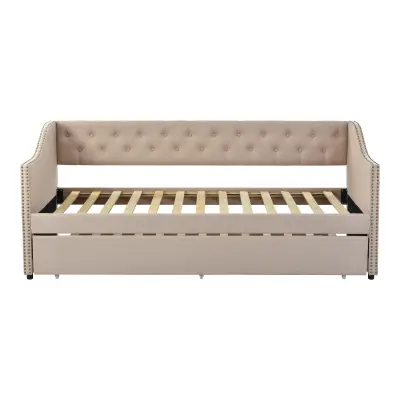 Vlečna postelja Lit Banquette 90x200 cm v lanu z lesenimi letvicami - Bež