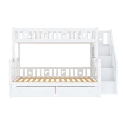 Postelja na zgornjem nadstropju 90x200/140x200 cm – Z varnostno lestvijo, dva velika predala, leseni okvir – Bela