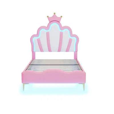 Postelja za otroke 90x200 cm z LED - Princesina postelja z blazino iz umetnega usnja - Roza