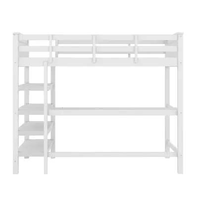Postelja z mezzanine 90x200 cm z pisalno mizo in policami za shranjevanje - Borov les + MDF - Bela