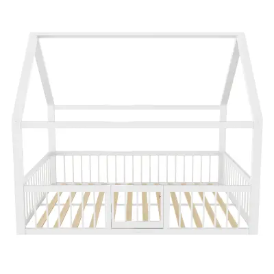 Postelja v obliki hiške 140x200 cm iz kovine - z varnostnimi ograjami in vrati - bela
