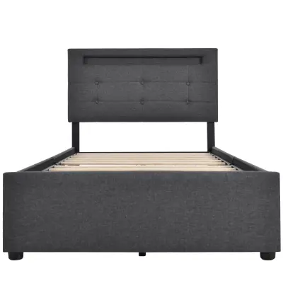 Postelja s predalom 90x200 cm iz lana z LED + 2 predala + lesenimi letvicami - Siva