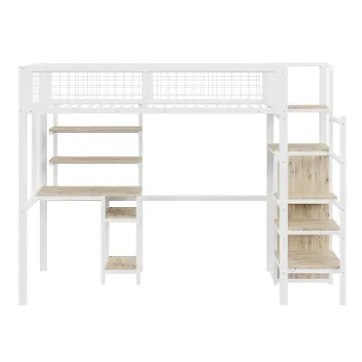 Postelja z mezzanine 90x200 cm s pisalno mizo, policami, stopnicami in omaro - Kovinska konstrukcija - Bela