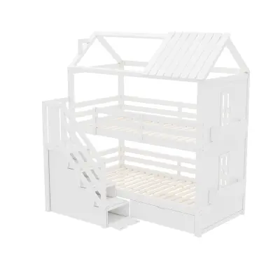 Postelja za otroke z mezzanine 90x200 cm - Z stopnicami za shranjevanje + 2 predali + policami - Iz lesa