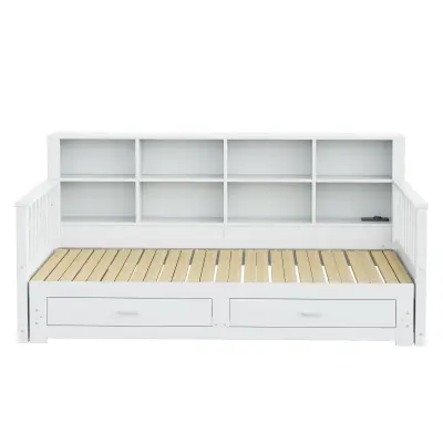 Kavč-postelja iz masivnega lesa 90/180x190 cm - Z polnilno vtičnico - Z 2 predaloma - Bela