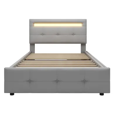 Enojna postelja 90x200 cm iz lanu z LED lučmi in 2 predaloma - siva