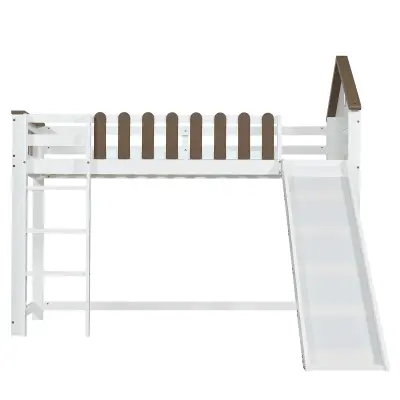 Postelja Mezzanine 90x200 cm z lestvijo in toboganom - iz borovega lesa in MDF - bela in rjava