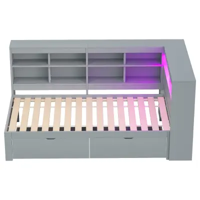 Zložljiv kavč iz masivnega lesa 90 x 200 cm - Z USB - Z LED osvetlitvijo + z vtičnico - Siva