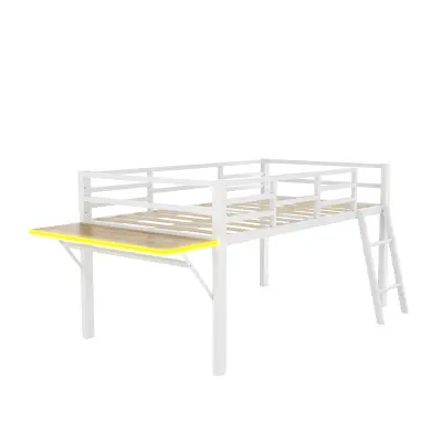 Postelja z mezzanine 90x200 cm iz kovine z LED - S zložljivo pisalno mizo in lesenimi letvicami - Bela