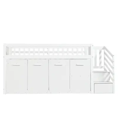 Postelja Mezzanine 90x200 cm iz lesa, z mizo/omaro/premičnimi predali in stopnicami za shranjevanje - bela