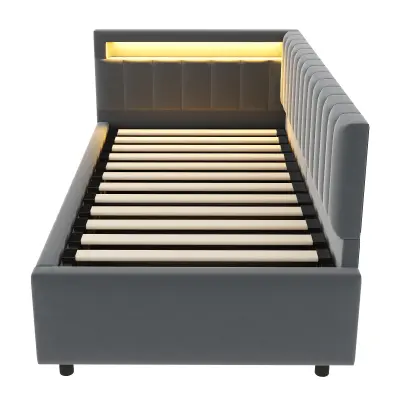 Postelja s predalom 90x200 cm z LED - tkanina iz žameta - siva