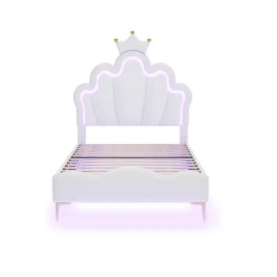 Otroška postelja 90x200 cm z LED - Princess postelja z blazino iz umetnega usnja - Bela