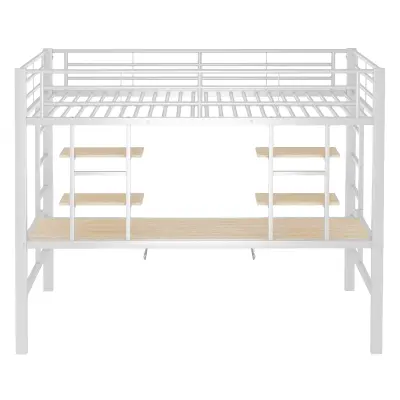 Postelja z mezzanine 90x200 cm - S pisalno mizo in policami - Kovinski okvir - Bela