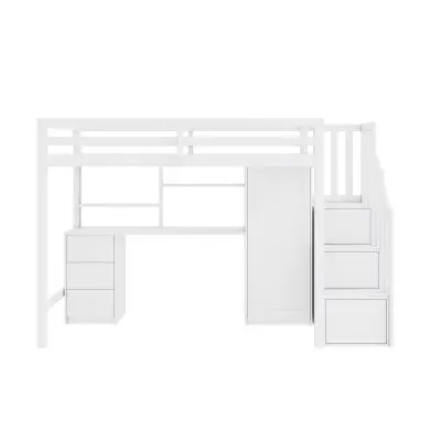 Postelja Mezzanine 90x200 cm iz lesa - z mizo, omaro in stopnicami za shranjevanje - bela