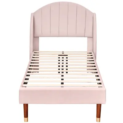 Postelja oblazinjena 90x200 cm v žametu z lesenimi letvicami - Roza