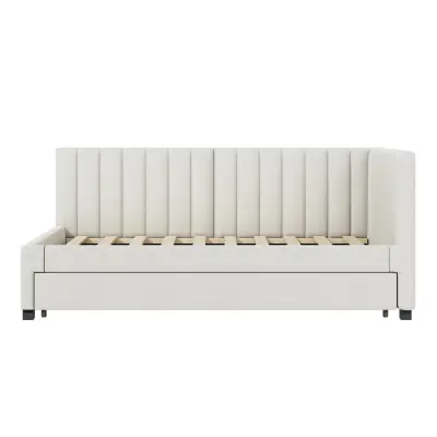 Enojna postelja 90x200 cm z izvlečno posteljo - oblazinjena z žametom z letvenim dnom - bež