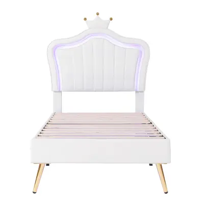 Postelja za otroke 90x200 cm iz umetnega usnja z LED + nastavljiv vzglavnik + lesene letvice - Bela
