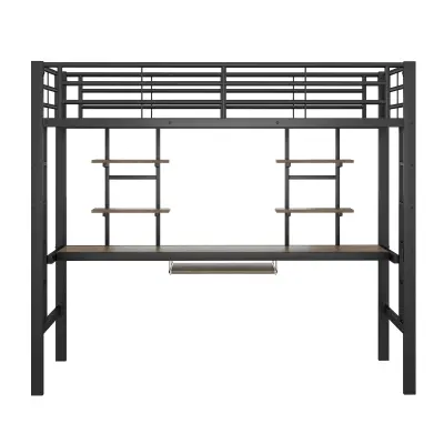 Postelja z mezzanine 90x200 cm - S pisalno mizo in policami - Leseni okvir - Črna