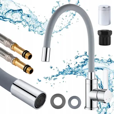 Enoročna kuhinjska kromirana armatura z gibljivo cevjo siva