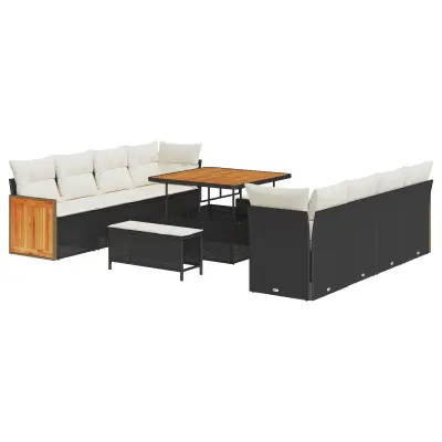 vidaXL 11-delna vrtna kavčna garnitura z blazinami Črna Poli ratan Akacija