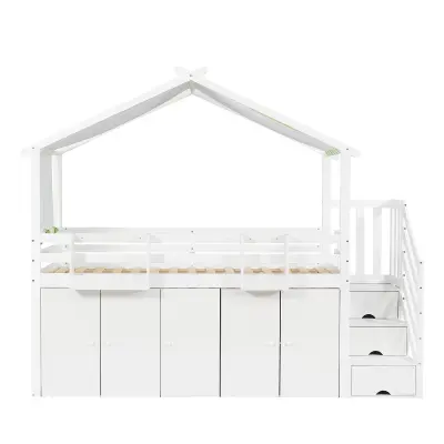 Pogradna postelja 90x200 cm - En Bois Massif - Avec 1 Armoire、2 Casiers Et Escalier De Rangement - White