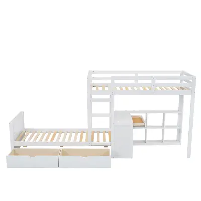 Pogradna postelja 2x90x200 cm s pisalno mizo, 3 predali, odprto polico, borov in Mdf, bela