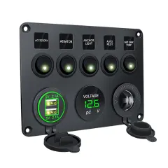 Plošča s stikali - 5 stikal, voltmeter, 2 vtičnici USB Black+Green