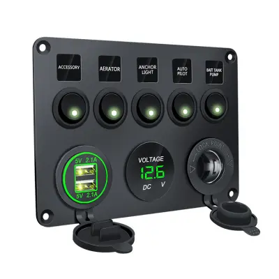 Plošča s stikali - 5 stikal, voltmeter, 2 vtičnici USB Black+Green