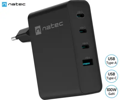 Polnilec Natec RIBERA GaN, 100 W, 1x USB-A, 3x USB-C, PD, QC3.0