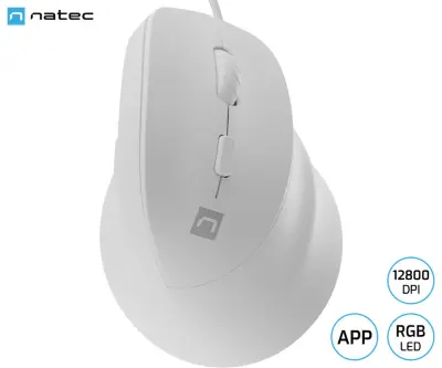 Vertikalna žična miška Natec CRAKE 2 PRO, 12800 DPI, RGB LED, za desničarje, bela