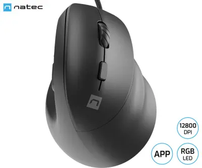 Vertikalna žična miška Natec CRAKE 2 PRO, 12800DPI, RGB LED, za desničarje, črna