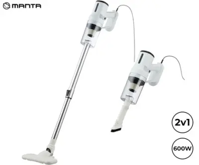 MANTA VC003WH pokončni sesalnik, 2v1, 600W, 16kPa, 1L posoda za prah, ciklonska tehnologija, teleskopska cev, 2 nastavka, 5m kabel, ultra lahka teža,