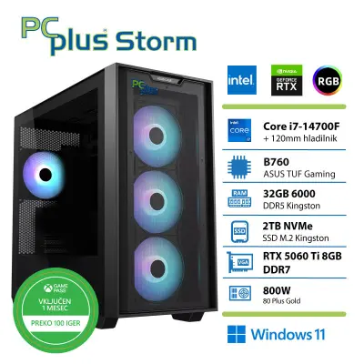 Gaming namizni računalnik PCPLUS Storm, I7-14700F, 32 GB RAM, 2 TB SSD, RTX5060Ti 8 GB, W11H + Xbox GP