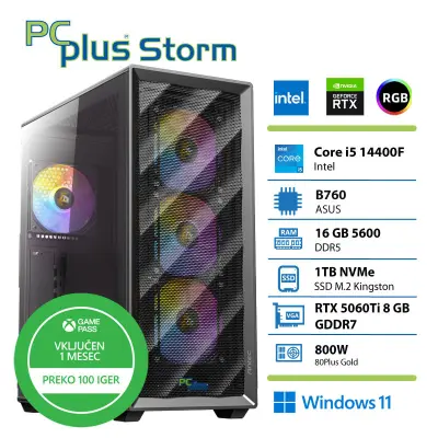 Gaming namizni računalnik PCPLUS Storm, i5-14400F, 16 GB RAM, 1 TB SSD, RTX 5060TI, W11H + Xbox GP