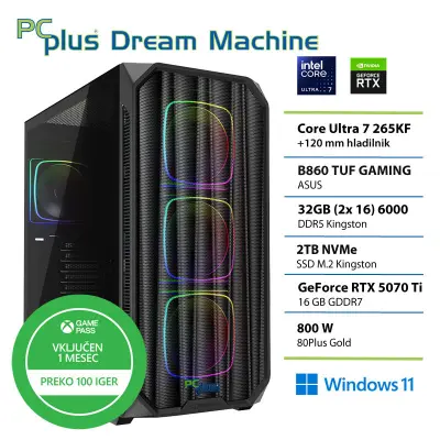Gaming namizni računalnik PCPLUS Dream Machine, U7 265KF, 32 GB RAM, 2 TB SSD, RTX 5070Ti 16 GB, W11H + Xbox GP