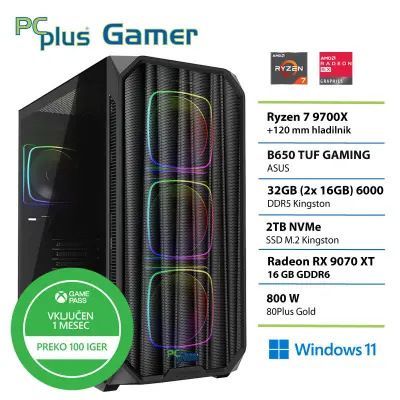 Gaming namizni računalnik PCPLUS Gamer, R7 9700X, 32 GB RAM, 2 TB SSD, RX 9070XT, W11H + Xbox GP