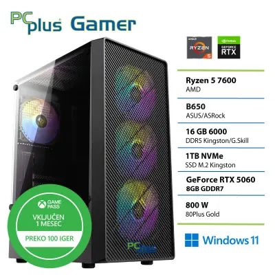 Gaming namizni računalnik PCPLUS Gamer, R5 7600 16 GB RAM, 1 TB SSD, RTX 5060 8 GB, W11H + Xbox GP