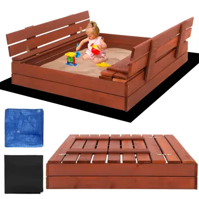 Premium peskovnik z zapiranjem s pokrovom in klopcami 100 x 100 cm iz impregniranega lesa – rjava