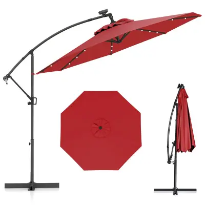 Vrtna senčnik z LED lučmi, vrtljiv 360°, rdeč, 300 cm
