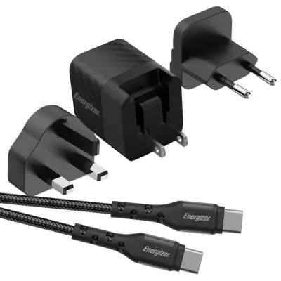 ENERGIZER, Omrežni polnilec GaN 4A USB-C večvtičnica EU / UK / US 20W s kablom, Črna