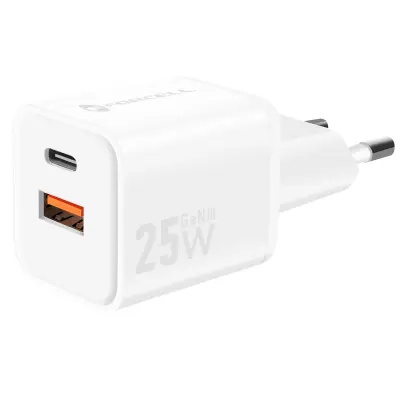 Forcell, GaN III 25W omrežni polnilnik z USB-C + USB vratom v mini formatu, Bela