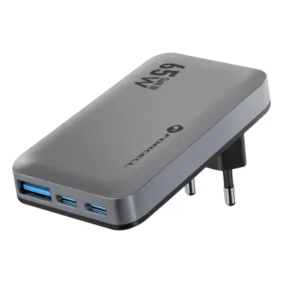 Forcell, Stenski polnilnik GaN III 65 W z 2 USB-C + USB Hitro polnjenje Ultra tanek, Siva